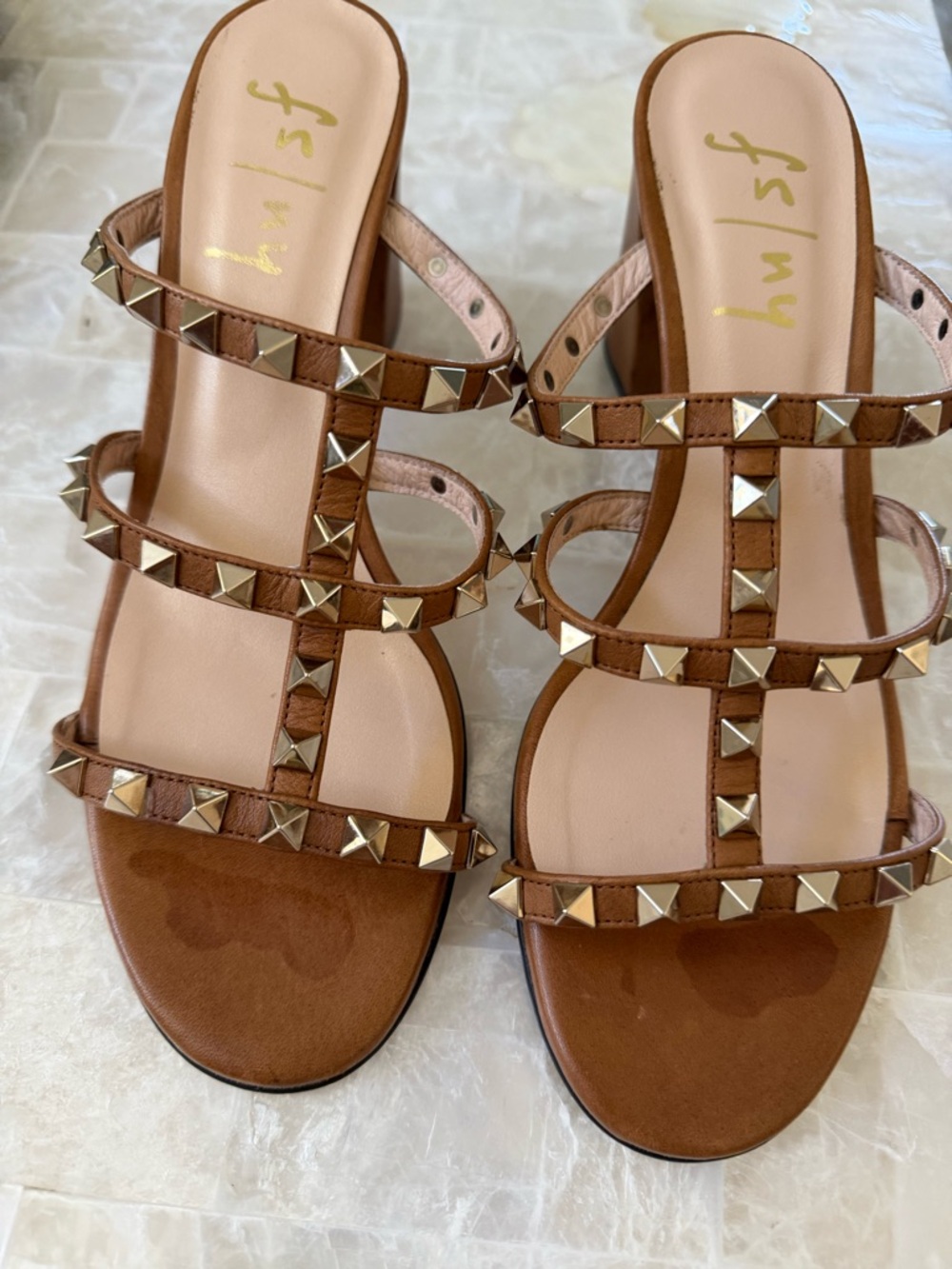 French Sole Tan Gold Studded Strappy Heels